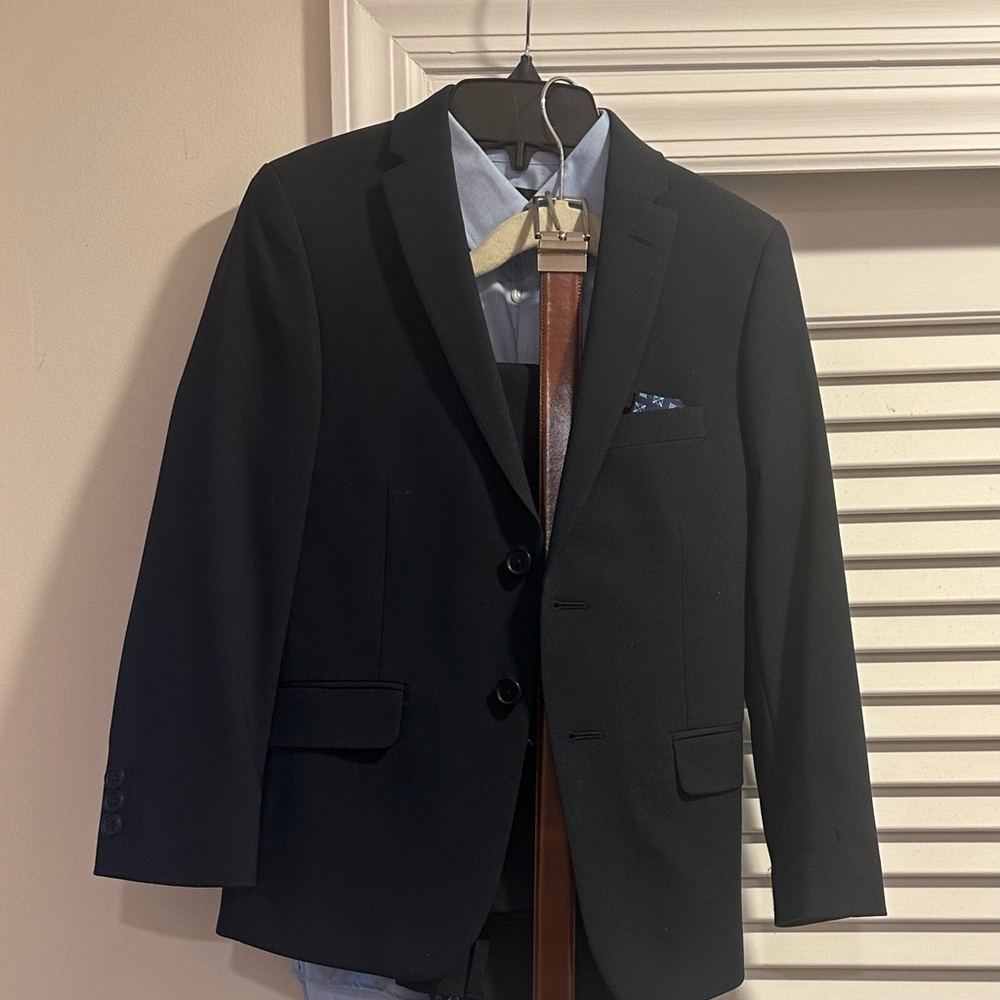 Classic Navy Suit Jacket and Pants Set with blue button down shirt and belt.